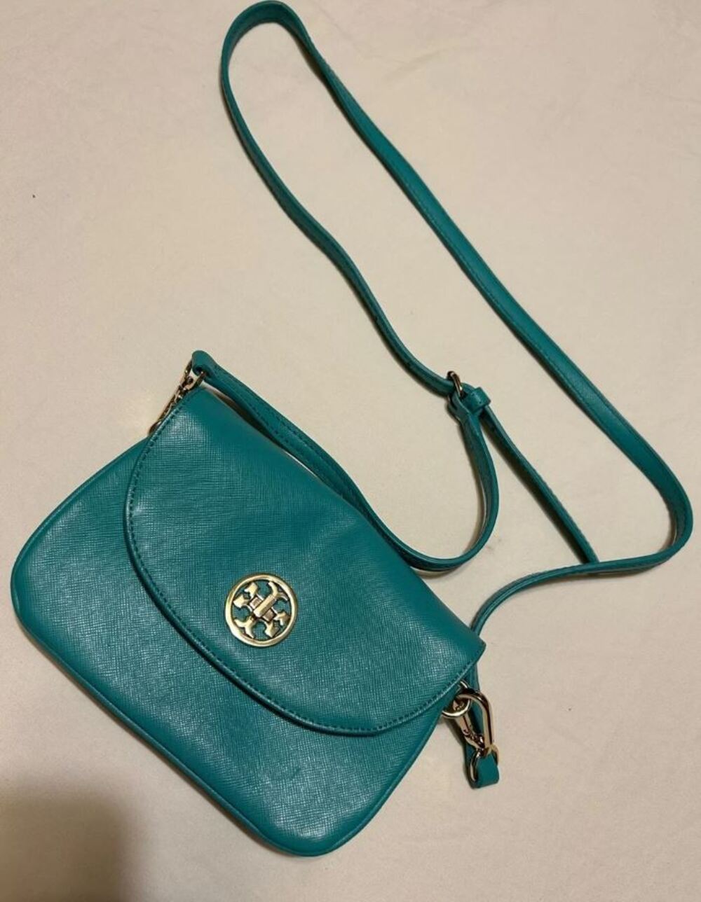 TORY BURCH Womens Teal Textured Leather Crossbody Bag Gold Logo Flap OS NWOT